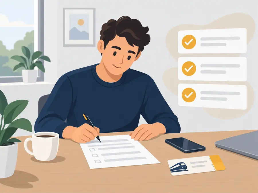Illustration: Eine Person füllt am Tisch ein Formular aus, daneben Smartphone und Fahrkarte.