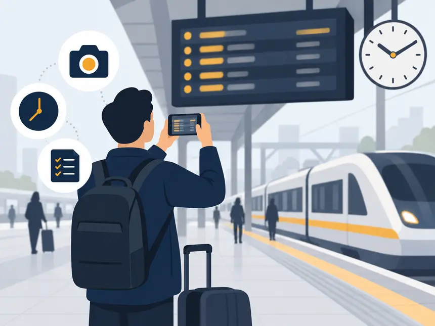 Illustration: Eine Person fotografiert auf einem Bahnsteig mit dem Smartphone die Abfahrtstafel.